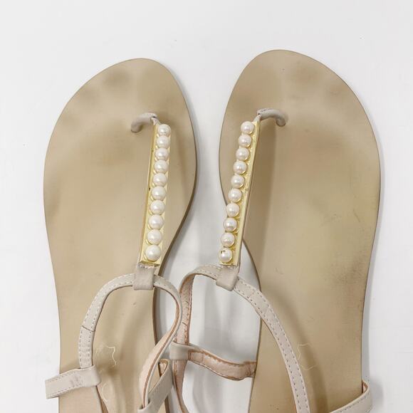 ALDO Womens US 9 EUR 40 Cream Faux Pearl Thong Sandals Ankle Strap Flat - Picture 11 of 12
